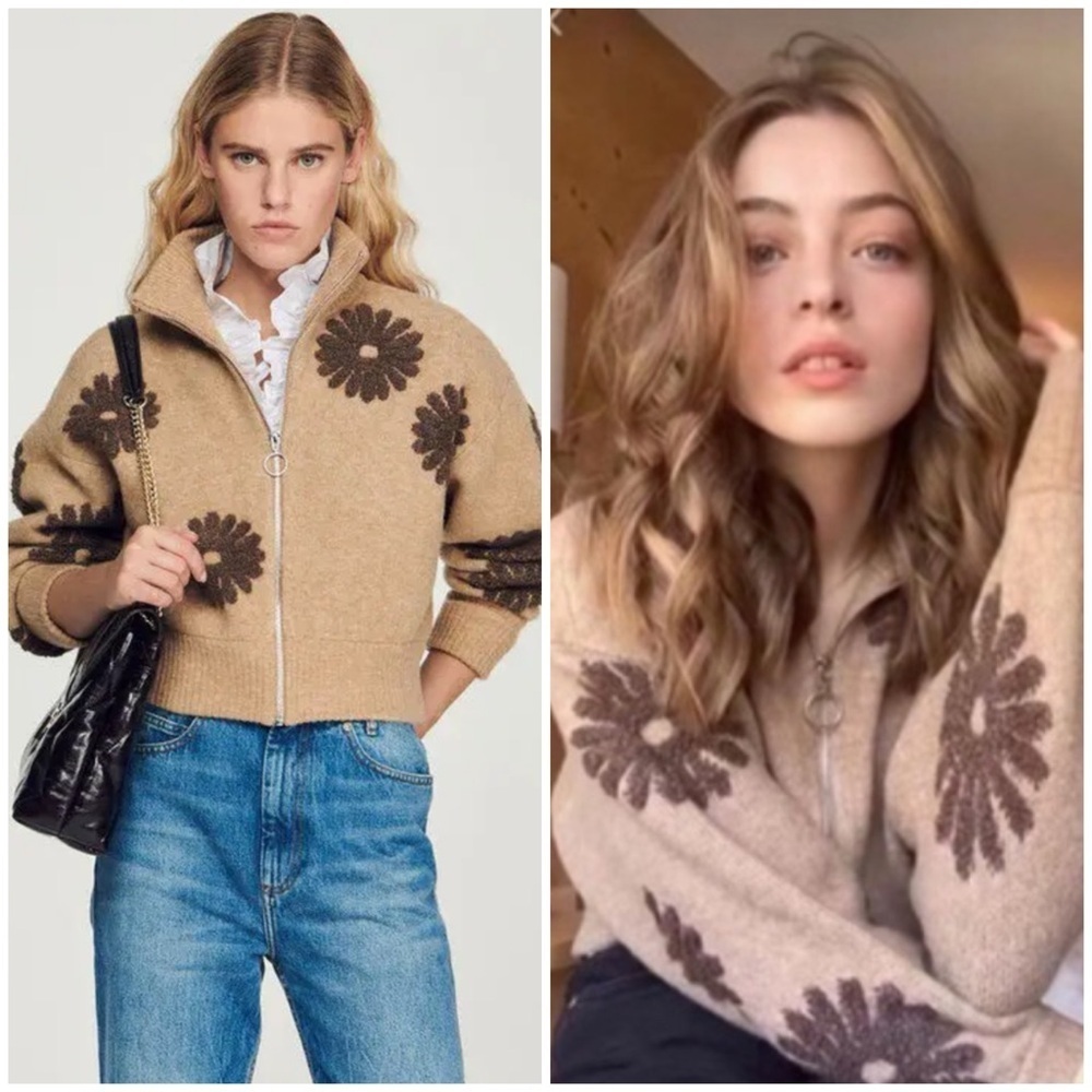 Sandro Tan Knit Zip Cardigan with Brown Floral Motif